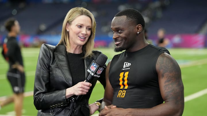 Feb 28, 2026; Indianapolis, IN, USA; NFL Network reporter Stacey Dales interview Notre Dame running back Jeremiyah Love (RB11) during the NFL Scouting Combine at Lucas Oil Stadium. Mandatory Credit: Kirby Lee-Imagn Images