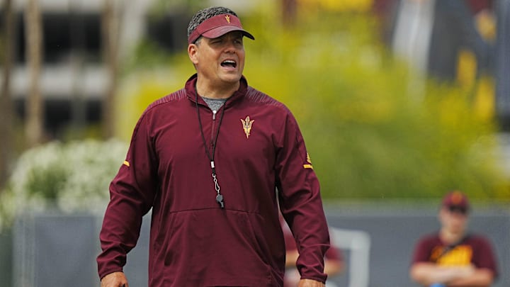 ASU defensive coordinator Brian Ward talks to his defense during a spring practice at Kajikawa Practice Fields in Tempe on April 24, 2024.