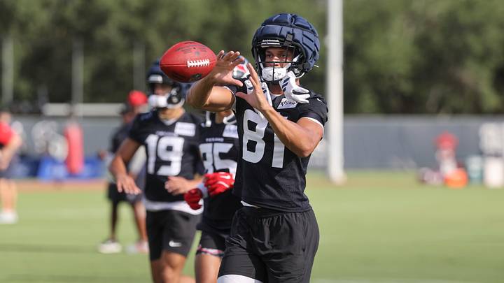 Jul 24, 2025; Houston, TX, USA; Houston Texans wide receiver Jayden Higgins (81) during training camp at Houston Methodist Training Center. Mandatory Credit: Troy Taormina-Imagn Images