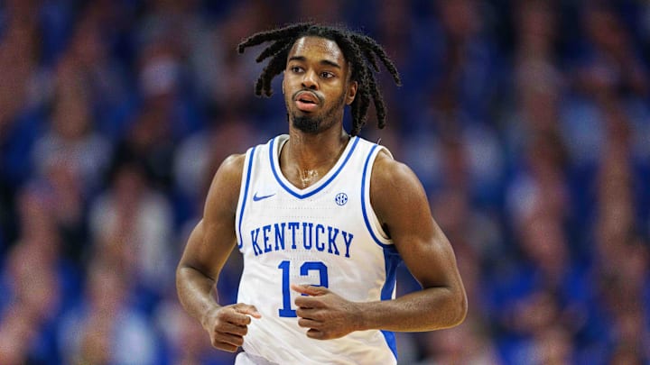 Feb 10, 2024; Lexington, Kentucky, USA; Kentucky Wildcats guard Antonio Reeves (12) runs down the court during the first half against the Gonzaga Bulldogs at Rupp Arena at Central Bank Center. Mandatory Credit: Jordan Prather-USA TODAY Sports