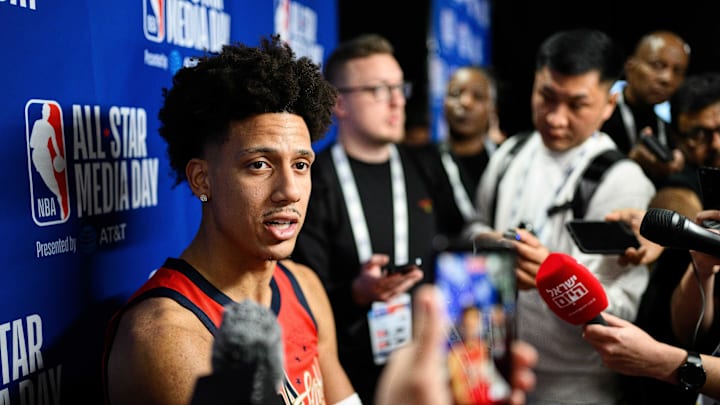 Feb 14, 2026; Inglewood, California, USA; Jalen Johnson speaks during interviews at media day at Intuit Dome. Mandatory Credit: William Liang-Imagn Images Feb 14, 2026; Inglewood, California, USA; Jalen Johnson speaks during interviews at media day at Intuit Dome. Mandatory Credit: William Liang-Imagn Images