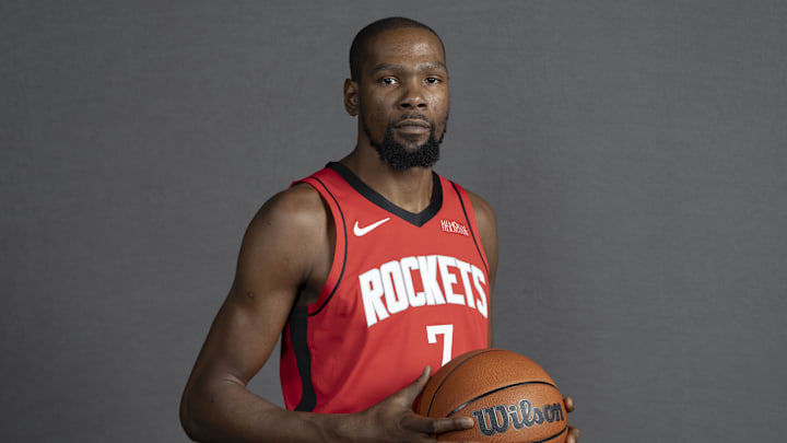 Houston Rockets forward Kevin Durant wore the Nike KD18 "Halloween" colorway at media day.