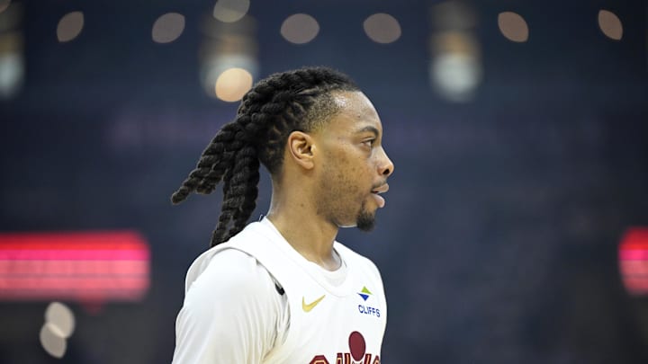 Apr 20, 2025; Cleveland, Ohio, USA; Cleveland Cavaliers guard Darius Garland (10) stands on the court in the first quarter against the Miami Heat at Rocket Arena. Mandatory Credit: David Richard-Imagn Images
