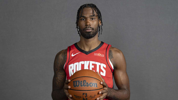 Sep 29, 2025; Houston, TX, USA;  Houston Rockets forward Tari Eason (17) poses for a picture during Houston Rockets media day at Toyota Center. Mandatory Credit: Troy Taormina-Imagn Images