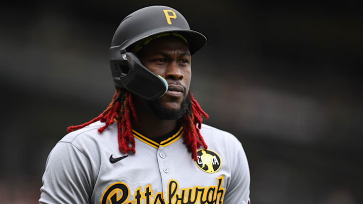 Jul 30, 2025; San Francisco, California, USA; Pittsburgh Pirates center fielder Oneil Cruz (15) looks on after striking out against the San Francisco Giants in the fourth inning at Oracle Park. Mandatory Credit: Eakin Howard-Imagn Images