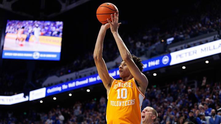Feb 7, 2026; Lexington, Kentucky, USA; Tennessee Volunteers forward Nate Ament (10) scores a three-point basket during the first half against the Kentucky Wildcats at Rupp Arena at Central Bank Center. Mandatory Credit: Jordan Prather-Imagn Images