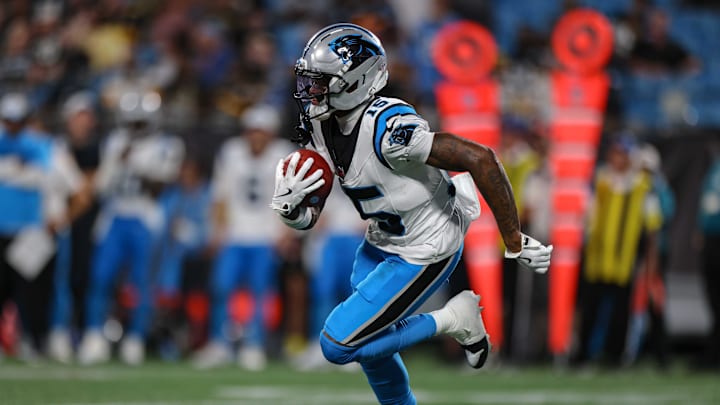 Aug 21, 2025; Charlotte, North Carolina, USA; Carolina Panthers wide receiver Jimmy Horn Jr. (15) runs the ball in the fourth quarter against the Pittsburgh Steelers at Bank of America Stadium. Mandatory Credit: Allison Lawhon-Imagn Images Aug 21, 2025; Charlotte, North Carolina, USA; Carolina Panthers wide receiver Jimmy Horn Jr. (15) runs the ball in the fourth quarter against the Pittsburgh Steelers at Bank of America Stadium. Mandatory Credit: Allison Lawhon-Imagn Images