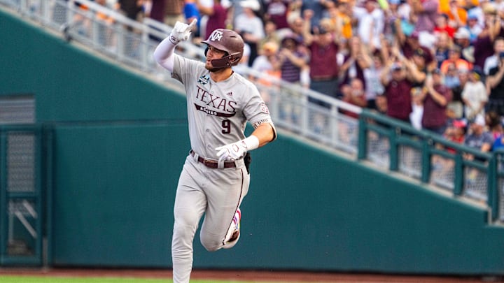 Texas A&M Aggies first baseman Gavin Grahovac (9) celebrates after hitting a home run. Texas A&M Aggies first baseman Gavin Grahovac (9) celebrates after hitting a home run.