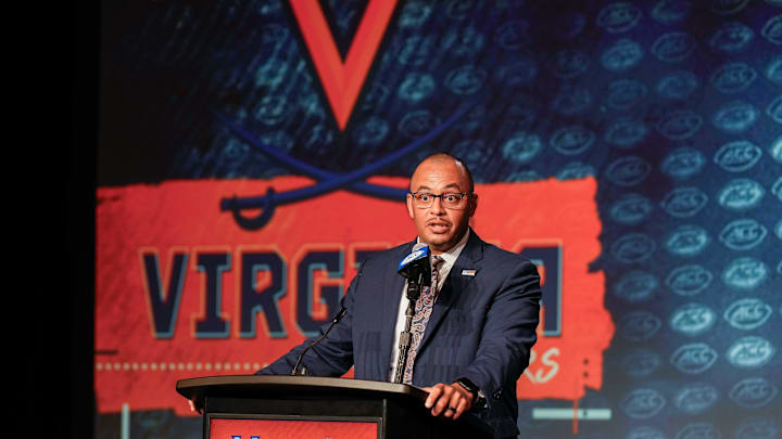 Jul 26, 2023; Charlotte, NC, USA; Virginia head coach Tony Elliott answers questions from the media during the ACC 2023 Kickoff at The Westin Charlotte. Mandatory Credit: Jim Dedmon-Imagn Images Jul 26, 2023; Charlotte, NC, USA; Virginia head coach Tony Elliott answers questions from the media during the ACC 2023 Kickoff at The Westin Charlotte. Mandatory Credit: Jim Dedmon-Imagn Images