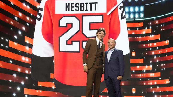 Jun 27, 2025; Los Angeles, California, USA; Jack Nesbitt is selected as the 12th overall pick to the Philadelphia Flyers in the first round of the 2025 NHL Draft at Peacock Theater. 