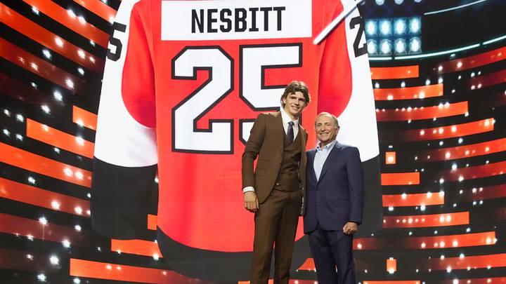 Jun 27, 2025; Los Angeles, California, USA; Jack Nesbitt is selected as the 12th overall pick to the Philadelphia Flyers in the first round of the 2025 NHL Draft at Peacock Theater.