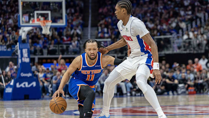 Detroit Pistons forward Ausar Thompson defends against New York Knicks guard Jalen Brunson. Mandatory Credit: David Reginek-Imagn Images
