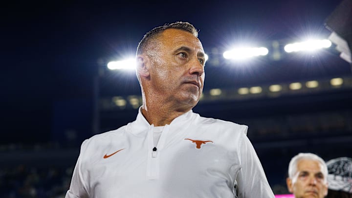 Oct 18, 2025; Lexington, Kentucky, USA; Texas Longhorns head coach Steve Sarkisian is interviewed by the media after the game against the Kentucky Wildcats at Kroger Field. Mandatory Credit: Jordan Prather-Imagn Images