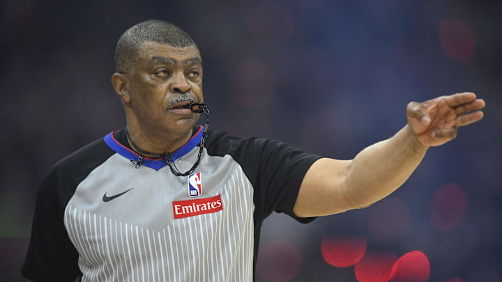Apr 23, 2025; Cleveland, Ohio, USA; NBA referee Tony Brothers (25) walks on the court in the first quarter of game two of the first round of the 2025 NBA Playoffs between the Cleveland Cavaliers and the Miami Heat at Rocket Arena. Mandatory Credit: David Richard-Imagn Images