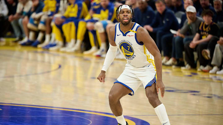 Apr 13, 2025; San Francisco, California, USA; Golden State Warriors guard Buddy Hield (7) watches the play against the LA Clippers during the second quarter at Chase Center. Mandatory Credit: Robert Edwards-Imagn Images