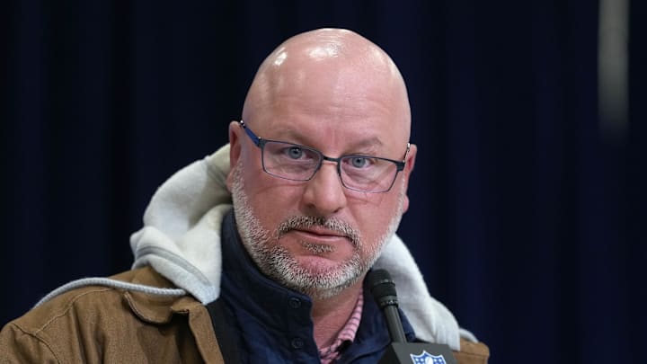 Feb 24, 2026; Indianapolis, IN, USA; Los Angeles Chargers general manager Joe Hortiz speaks at the NFL Scouting Combine at the Indiana Convention Center. Mandatory Credit: Kirby Lee-Imagn Images