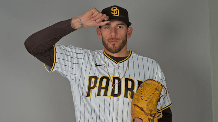 Feb 18, 2026; Peoria, AZ, USA; San Diego Padres starting pitcher Joe Musgrove (44) during spring training photo day. Mandatory Credit: Jayne Kamin-Oncea-Imagn Images
