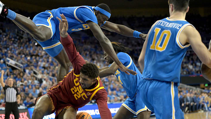 Feb 24, 2024; Los Angeles, California, USA;  UCLA Bruins forward Adem Bona (3) blocks a shot.