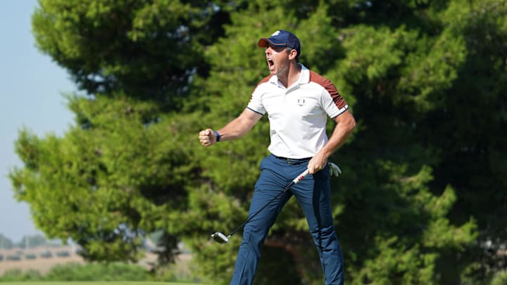 Rory McIlroy celebrates after a putt during the 44th Ryder Cup at Marco Simone Golf and Country Club. 