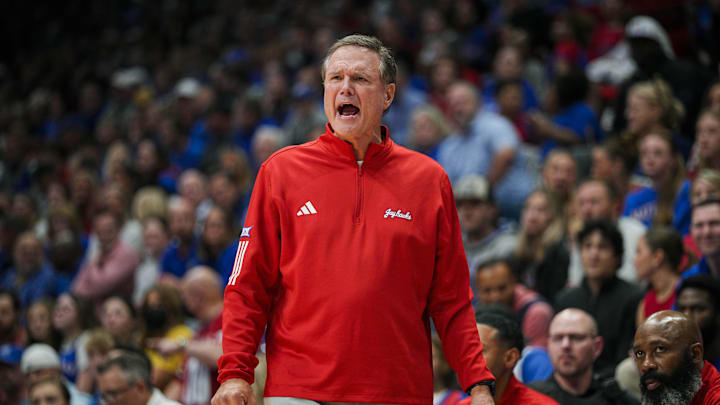 Nov 3, 2025; Lawrence, Kansas, USA; Kansas Jayhawks head coach Bill Self reacts during the first half against the Green Bay Phoenix at Allen Fieldhouse. Mandatory Credit: Jay Biggerstaff-Imagn Images
