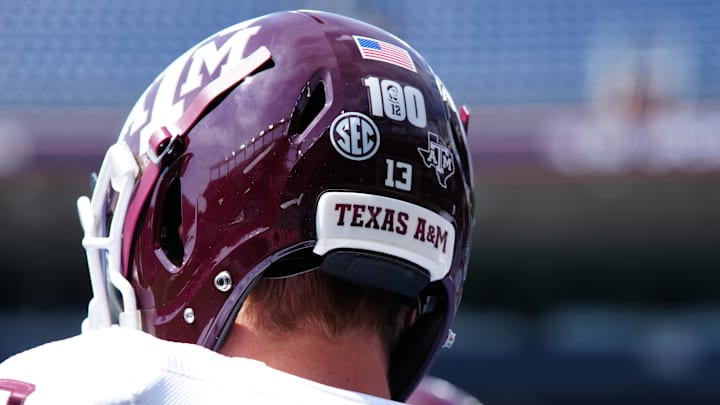 Sep 11, 2021; Denver, Colorado, USA; General view of the back of the helmet of Texas A&M Aggies quarterback Haynes King (13) before the game against the Colorado Buffaloes  at Empower Field at Mile High. Mandatory Credit: Ron Chenoy-USA TODAY Sports