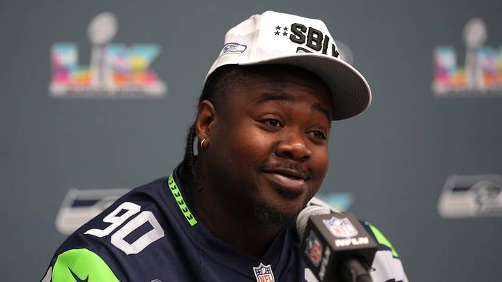 Seattle Seahawks defensive tackle Jarran Reed talks to media members
