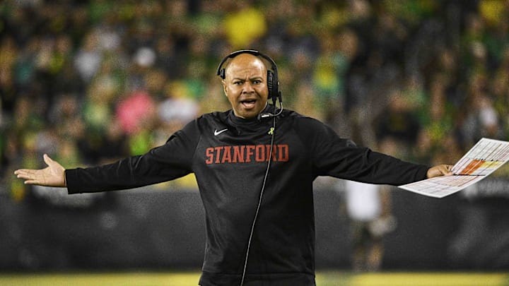 Oct 1, 2022; Eugene, Oregon, USA; Stanford Cardinal head coach David Shaw reacts after a play during the second half against the Oregon Ducks at Autzen Stadium. The Ducks won the game 45-27. Mandatory Credit: Troy Wayrynen-Imagn Images Oct 1, 2022; Eugene, Oregon, USA; Stanford Cardinal head coach David Shaw reacts after a play during the second half against the Oregon Ducks at Autzen Stadium. The Ducks won the game 45-27. Mandatory Credit: Troy Wayrynen-Imagn Images