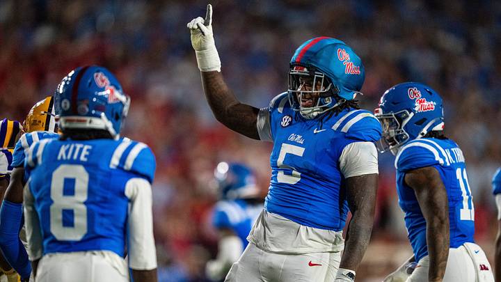 Ole Miss defensive end Kam Franklin (5) celebrates during a college football game between Ole Miss and LSU at Vaught Hemingway Stadium in Oxford, Miss., on Saturday, Sept. 19, 2026. Ole Miss defeated LSU 32-24. Ole Miss defensive end Kam Franklin (5) celebrates during a college football game between Ole Miss and LSU at Vaught Hemingway Stadium in Oxford, Miss., on Saturday, Sept. 19, 2026. Ole Miss defeated LSU 32-24.