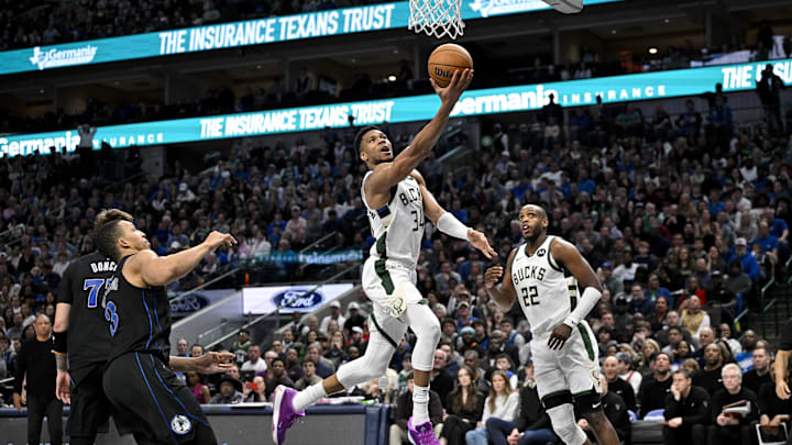 Feb 3, 2024; Dallas, Texas, USA; Milwaukee Bucks forward Giannis Antetokounmpo (34) drives to the