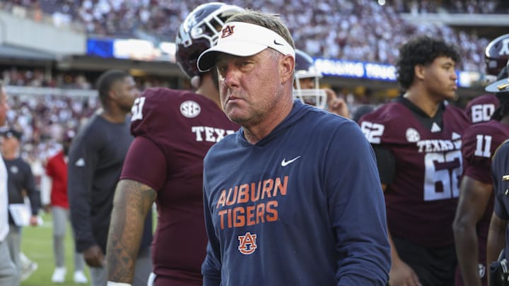 Sep 27, 2025; College Station, Texas, USA; Auburn Tigers head coach Hugh Freeze walks off the field after the game against the Texas A&M Aggies at Kyle Field. Mandatory Credit: Troy Taormina-Imagn Images