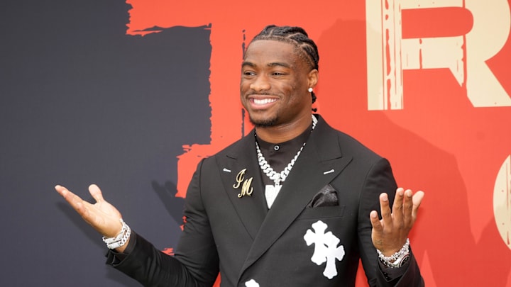 Apr 24, 2025; Green Bay, WI, USA; Alabama Crimson Tide quarterback Jalen Milroe on the red carpet before the 2025 NFL Draft at Lambeau Field. Mandatory Credit: Kirby Lee-Imagn Images