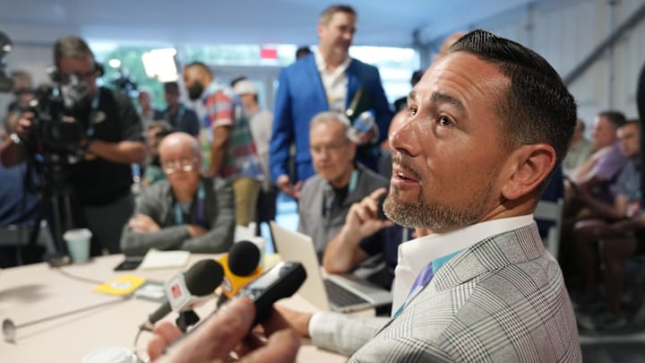 Apr 1, 2025; Palm Beach, FL, USA;  Green Bay Packers head coach Matt LaFleur answers questions from the media during the NFL Annual League Meeting at The Breakers. Mandatory Credit: Jim Rassol-Imagn Images
