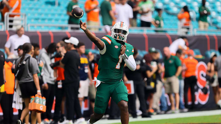 Miami Hurricanes quarterback Cam Ward throws the football before the game against the Duke Blue Devils at Hard Rock Stadium. Mandatory Credit: Sam Navarro-Imagn Images