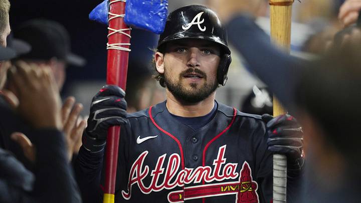 May 20, 2026; Miami, Florida, USA;  Atlanta Braves third baseman Austin Riley (27) celebrates a three-run home run in the second inning against the Miami Marlins at loanDepot Park. Mandatory Credit: Jim Rassol-Imagn Images