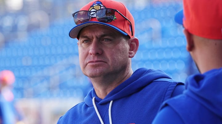 Feb 16, 2026; Port St. Lucie, FL, USA;  New York Mets manager Carlos Mendoza (64) during spring training at Clover Park. Mandatory Credit: Jim Rassol-Imagn Images