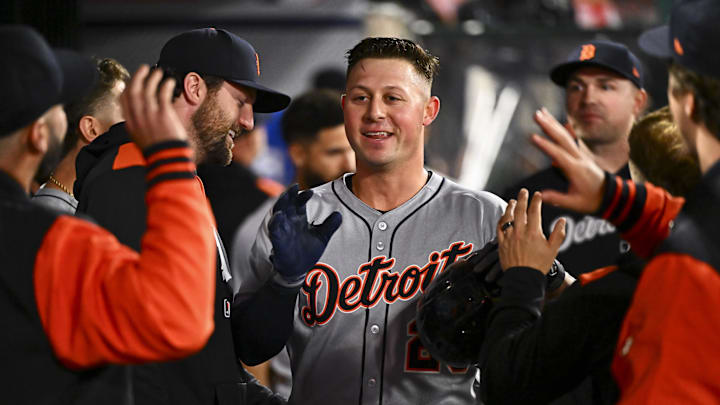 May 3, 2025; Anaheim, California, USA; Detroit Tigers first baseman Spencer Torkelson (20) celebrates with teammates after hitting a one run home run against the Los Angeles Angels during the eighth inning at Angel Stadium. May 3, 2025; Anaheim, California, USA; Detroit Tigers first baseman Spencer Torkelson (20) celebrates with teammates after hitting a one run home run against the Los Angeles Angels during the eighth inning at Angel Stadium.