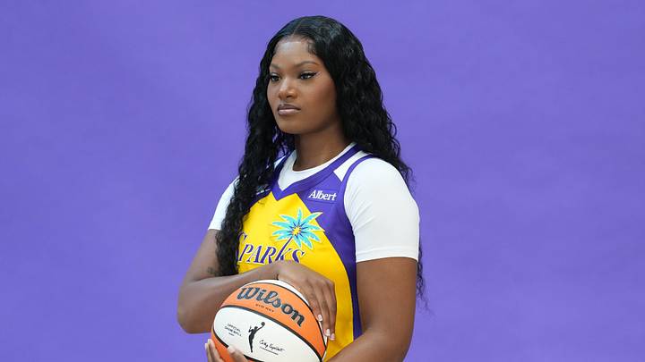 Apr 30, 2026; Los Angeles, CA, USA; LA Sparks forward Sania Feagin (20) poses during media day at El Camino College.  Mandatory Credit: Kirby Lee-Imagn Images
