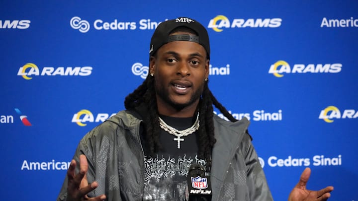 Oct 19, 2025; London, United Kingdom; Los Angeles Rams wide receiver Davante Adams at a press conference after a NFL International Series game against the Jacksonville Jaguars at Wembley Stadium. Mandatory Credit: Kirby Lee-Imagn Images