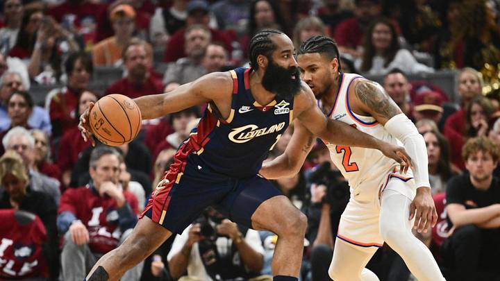 May 25, 2026; Cleveland, Ohio, USA; Cleveland Cavaliers guard James Harden (1) moves the ball while defended by New York Knicks guard Miles McBride (2) in the second quarter during game four of the eastern conference finals for the 2026 NBA playoffs at Rocket Arena. Mandatory Credit: Ken Blaze-Imagn Images May 25, 2026; Cleveland, Ohio, USA; Cleveland Cavaliers guard James Harden (1) moves the ball while defended by New York Knicks guard Miles McBride (2) in the second quarter during game four of the eastern conference finals for the 2026 NBA playoffs at Rocket Arena. Mandatory Credit: Ken Blaze-Imagn Images