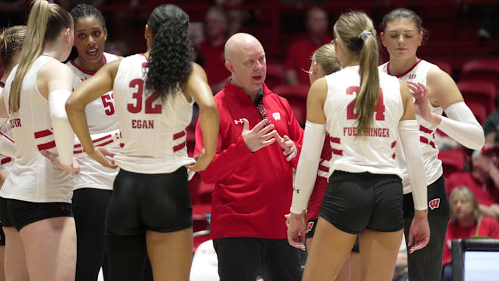 Wisconsin head Kelly Sheffield is shown during their volleyball match Tuesday, September 9, 2025, at the Wisconsin Field House in Madison, Wisconsin. Wisconsin beat UW-Milwaukee 3-0.