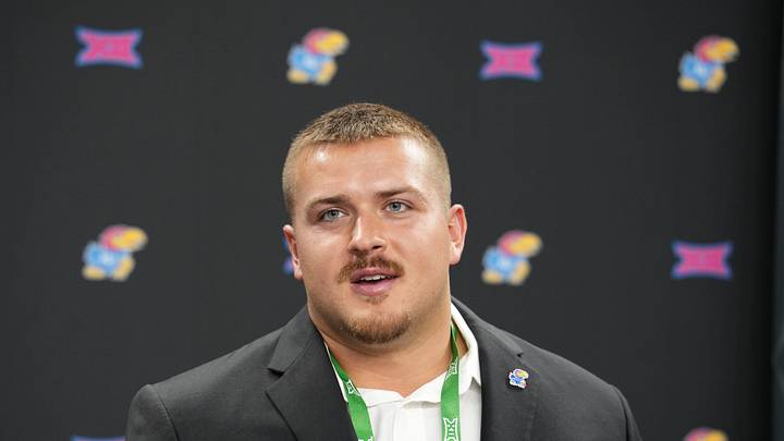 Jul 8, 2026; Frisco, TX, USA;  Kansas defensive tackle Blake Herold speaks to reporters during Big 12 Conference Football Media Days at The Star. Mandatory Credit: Raymond Carlin III-Imagn Images