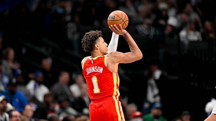 Oct 16, 2026; Dallas, Texas, USA; Atlanta Hawks forward Jalen Johnson (1) makes a jump shot against the Dallas Mavericks during the second quarter at American Airlines Center. Mandatory Credit: Jerome Miron-Imagn Images
