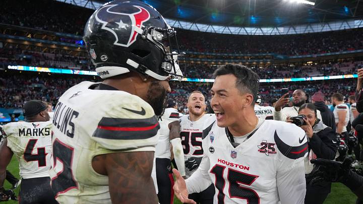Texans kicker Ka'imi Fairbairn celebrates after Houston beat Jacksonville on Sunday in London. Texans kicker Ka'imi Fairbairn celebrates after Houston beat Jacksonville on Sunday in London.