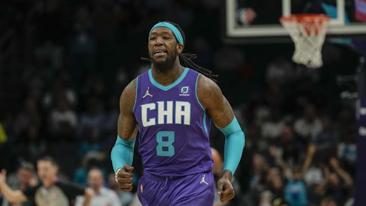 Mar 21, 2022; Charlotte, North Carolina, USA; Charlotte Hornets center Montrezl Harrell (8) smiles after a dunk against the New Orleans Pelicans during the second half at Spectrum Center. Mandatory Credit: Jim Dedmon-Imagn Images Mar 21, 2022; Charlotte, North Carolina, USA; Charlotte Hornets center Montrezl Harrell (8) smiles after a dunk against the New Orleans Pelicans during the second half at Spectrum Center. Mandatory Credit: Jim Dedmon-Imagn Images