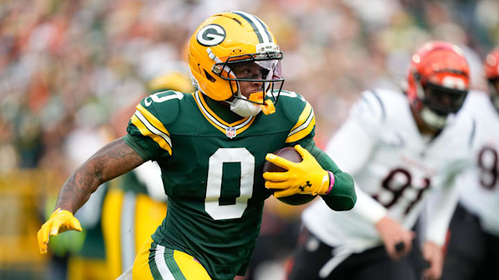 Oct 12, 2025; Green Bay, Wisconsin, USA; Green Bay Packers wide receiver Matthew Golden (0) runs with the ball during the first quarter against the Cincinnati Bengals at Lambeau Field. Mandatory Credit: Kayla Wolf-Imagn Images Oct 12, 2025; Green Bay, Wisconsin, USA; Green Bay Packers wide receiver Matthew Golden (0) runs with the ball during the first quarter against the Cincinnati Bengals at Lambeau Field. Mandatory Credit: Kayla Wolf-Imagn Images