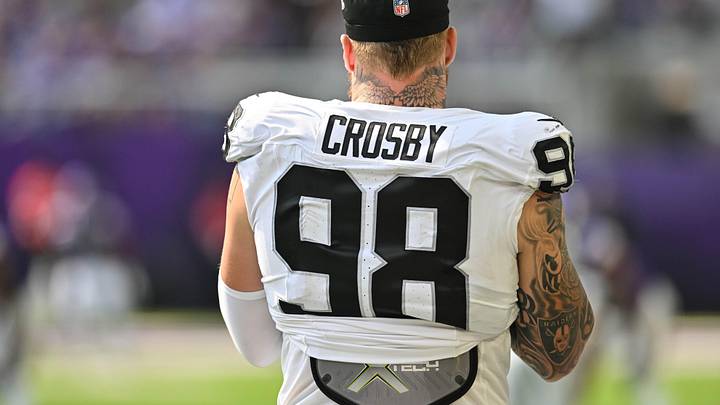 Aug 10, 2024; Minneapolis, Minnesota, USA; Las Vegas Raiders defensive end Maxx Crosby (98) looks on during the game against the Minnesota Vikings at U.S. Bank Stadium. Mandatory Credit: Jeffrey Becker-Imagn Images