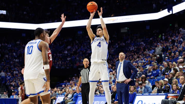 Dec 11, 2024; Lexington, Kentucky, USA; Kentucky Wildcats guard Koby Brea (4) shoots the ball during the second half against the Colgate Raiders at Rupp Arena at Central Bank Center. Mandatory Credit: Jordan Prather-Imagn Images