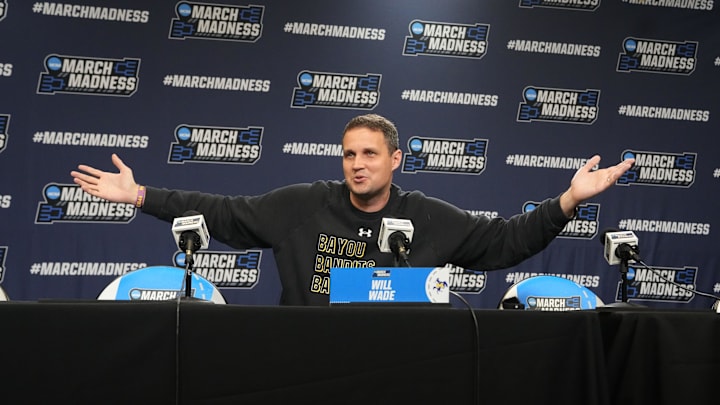Mar 19, 2025; Providence, RI, USA; McNeese State Cowboys head coach Will Wade answers questions during the first round practice session press conference at Amica Mutual Pavilion. Mandatory Credit: Gregory Fisher-Imagn Images