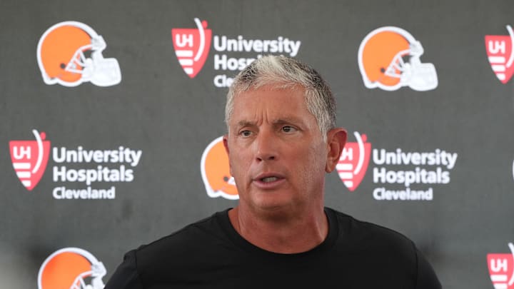 Aug 5, 2024; Cleveland Browns defensive coordinator Jim Schwartz during a press conference at the Browns training facility in Berea, Ohio. Mandatory Credit: Bob Donnan-Imagn Images