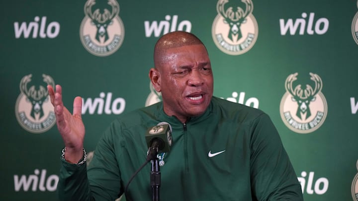 Jan 25, 2025; Inglewood, California, USA; Milwaukee Bucks coach Doc Rivers at a press conference at the Intuit Dome. Mandatory Credit: Kirby Lee-Imagn Images